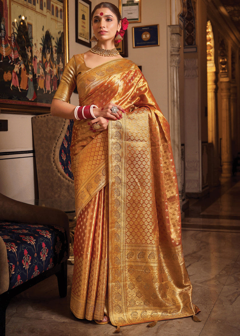 Sunset Orange Woven Banarasi Brocade Tissue Silk Saree
