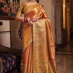 Sunset Orange Woven Banarasi Brocade Tissue Silk Saree