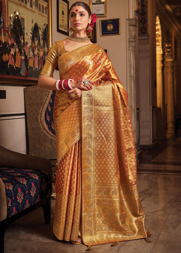 Sunset Orange Woven Banarasi Brocade Tissue Silk Saree