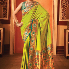 Lime Green  Woven Paithani Silk Saree