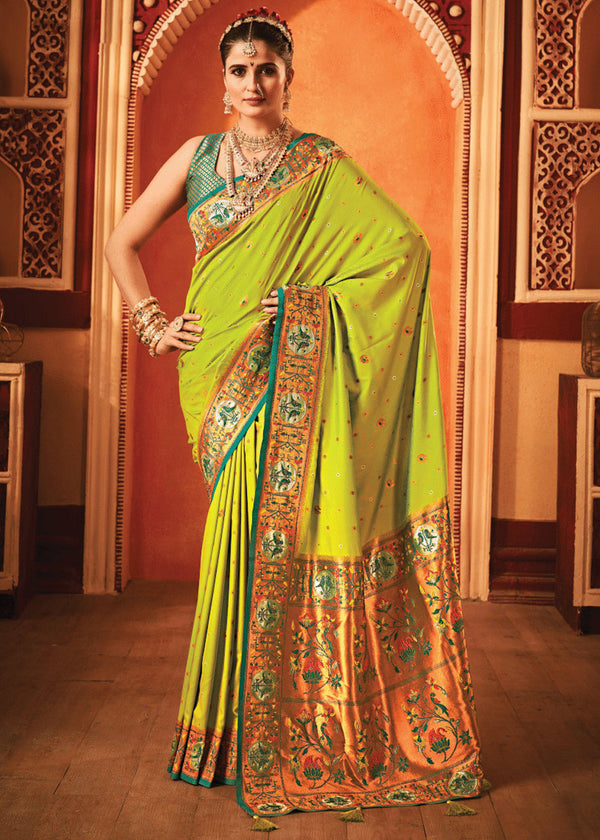 Lime Green  Woven Paithani Silk Saree