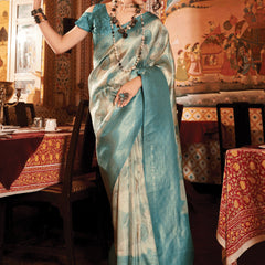 Mineral Blue Banarasi Silk Saree With Digital Print