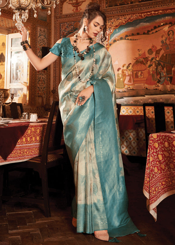 Mineral Blue Banarasi Silk Saree With Digital Print