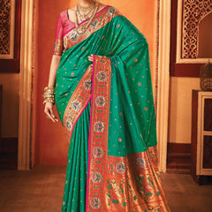 Emerald Green Woven Paithani Silk Saree
