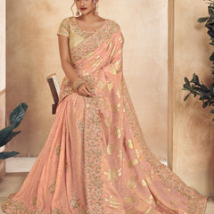 Salmon Pink Heavy Embroidered Designer Silk Saree