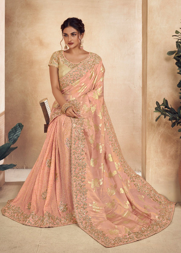 Salmon Pink Heavy Embroidered Designer Silk Saree