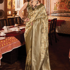 Antique Golden Green Banarasi Silk Saree With Digital Print