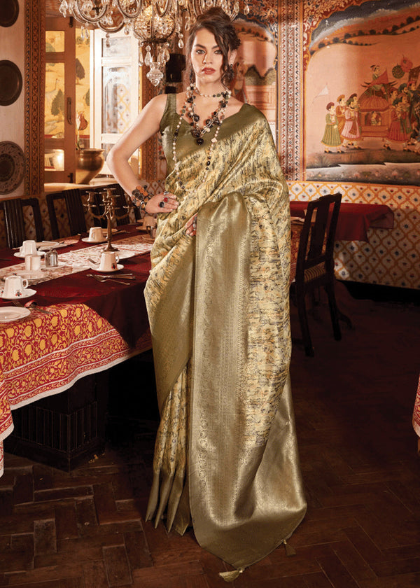 Antique Golden Green Banarasi Silk Saree With Digital Print