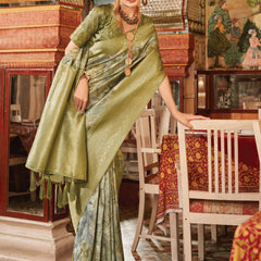 Moss Green Banarasi Silk Saree With Digital Print