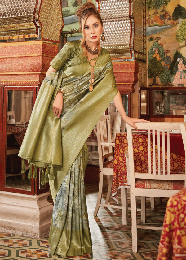 Moss Green Banarasi Silk Saree With Digital Print