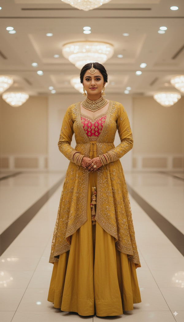 Divider top with shrug  Mustard yellow color  Mysore silk fabric  Gota Patti with Jari work 