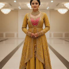 Divider top with shrug  Mustard yellow color  Mysore silk fabric  Gota Patti with Jari work 