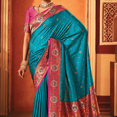 Teal Blue Woven Paithani Silk Saree