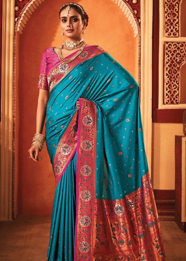 Teal Blue Woven Paithani Silk Saree