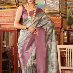 Mauve Purple Banarasi Silk Saree With Digital Print