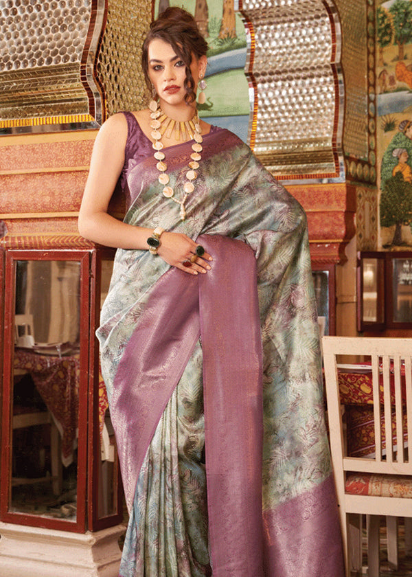 Mauve Purple Banarasi Silk Saree With Digital Print