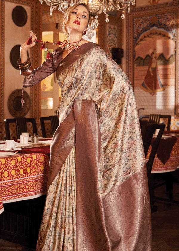 Coffee Brown Banarasi Silk Saree With Digital Print