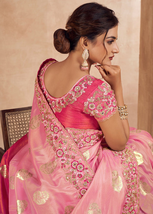 Dual Shaded Pink Heavy Embroidered Designer Silk Saree