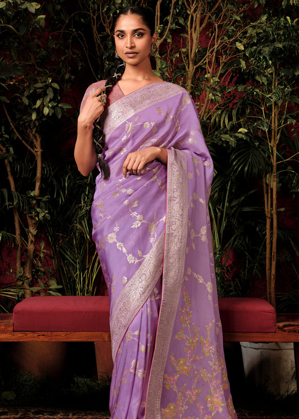 Pastel Purple Woven Banarasi Silk Saree With Brocade Blouse
