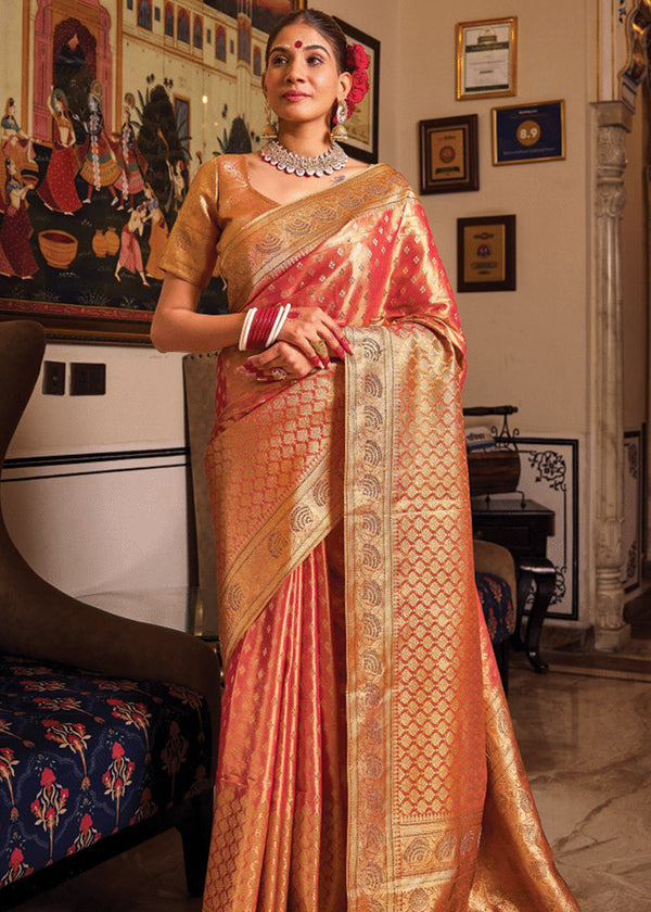 Orange Peach Woven Banarasi Brocade Tissue Silk Saree
