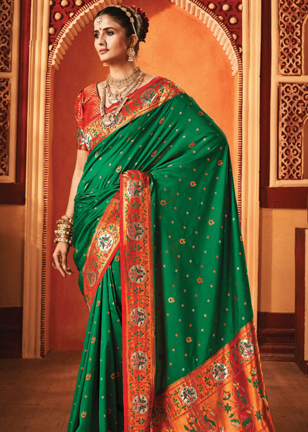 Festive Green Woven Paithani Silk Saree