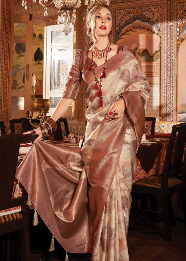 Chocolate Brown Banarasi Silk Saree With Digital Print
