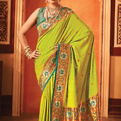 Lime Green  Woven Paithani Silk Saree