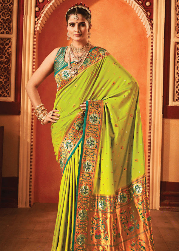 Lime Green  Woven Paithani Silk Saree