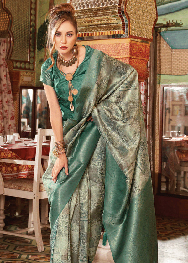 Saga Green Banarasi Silk Saree With Digital Print