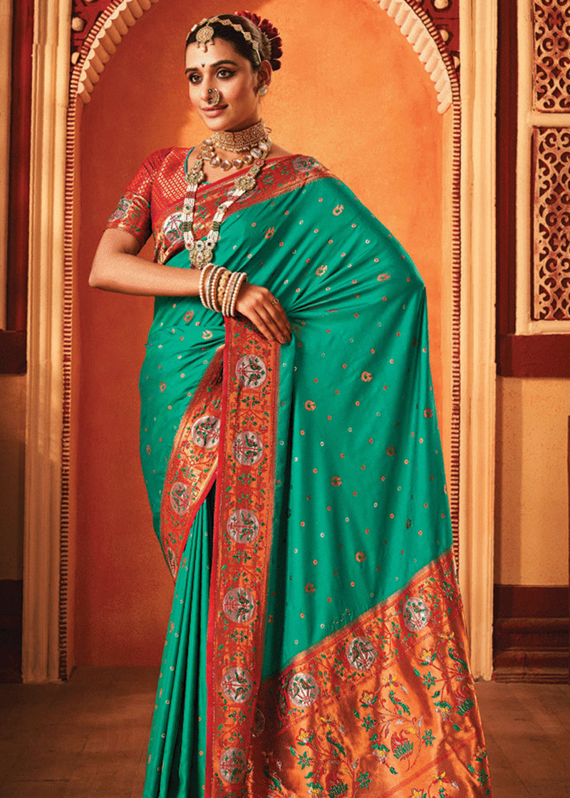 Antique Green Woven Paithani Silk Saree