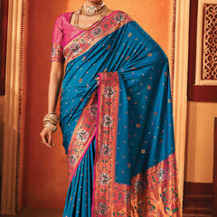 Coral Blue Woven Paithani Silk Saree