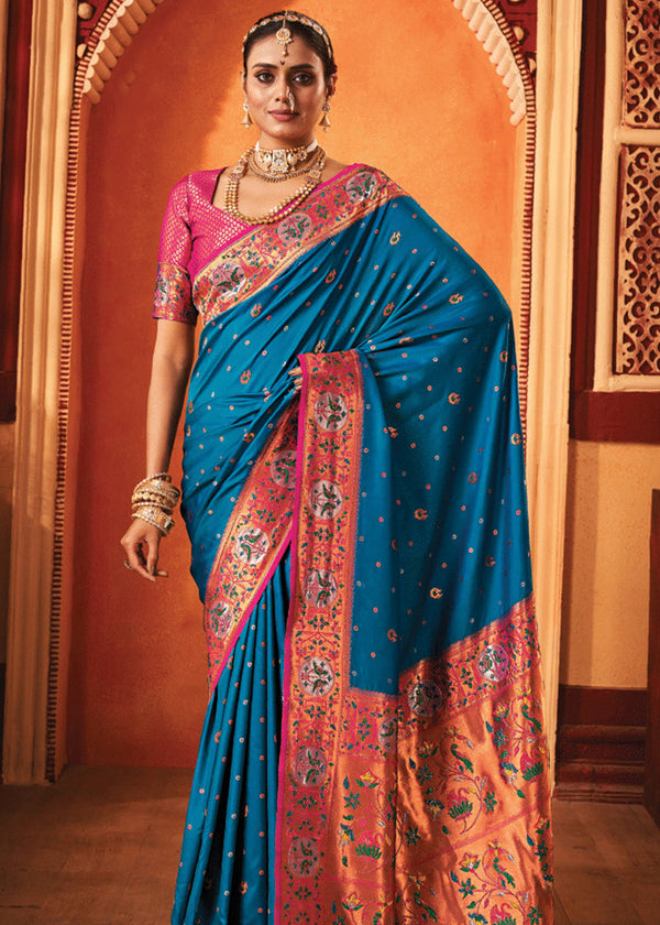 Coral Blue Woven Paithani Silk Saree
