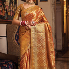 Sunset Orange Woven Banarasi Brocade Tissue Silk Saree