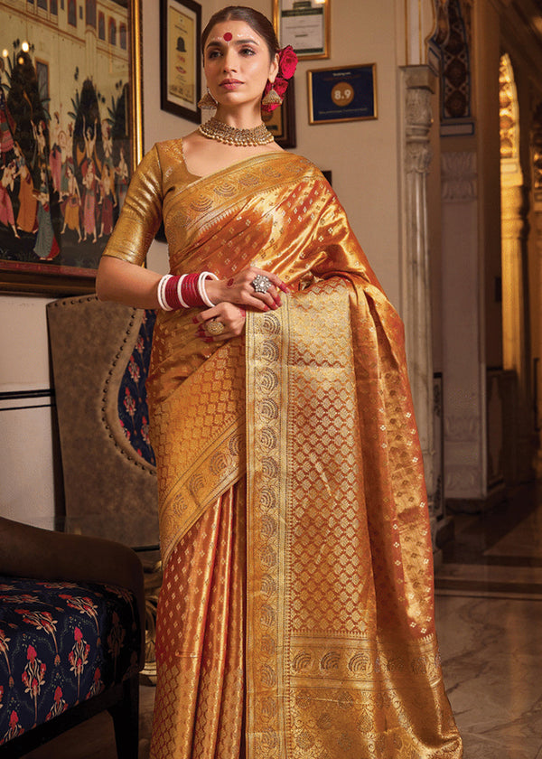 Sunset Orange Woven Banarasi Brocade Tissue Silk Saree