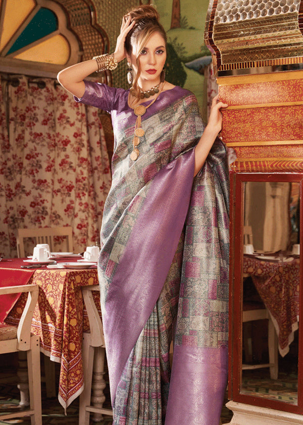 Rich Purple Banarasi Silk Saree With Digital Print