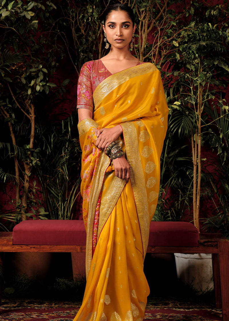 Saffron Yellow Woven Banarasi Silk Saree With Brocade Blouse