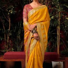 Saffron Yellow Woven Banarasi Silk Saree With Brocade Blouse
