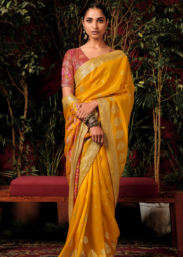 Saffron Yellow Woven Banarasi Silk Saree With Brocade Blouse