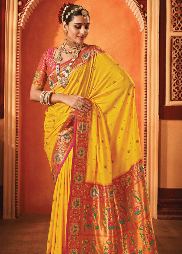 Vibrant Yellow Woven Paithani Silk Saree