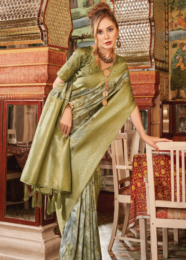 Moss Green Banarasi Silk Saree With Digital Print