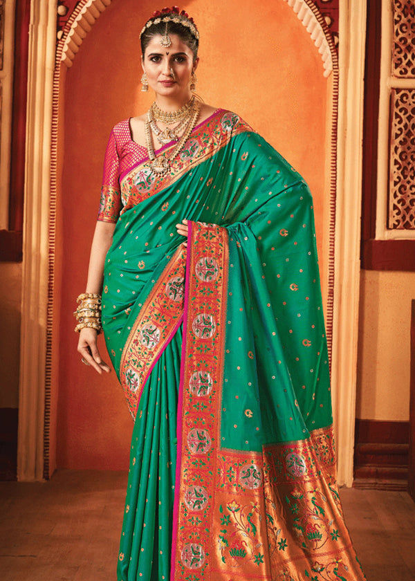 Emerald Green Woven Paithani Silk Saree