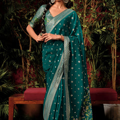Antique Green Woven Banarasi Silk Saree With Brocade Blouse