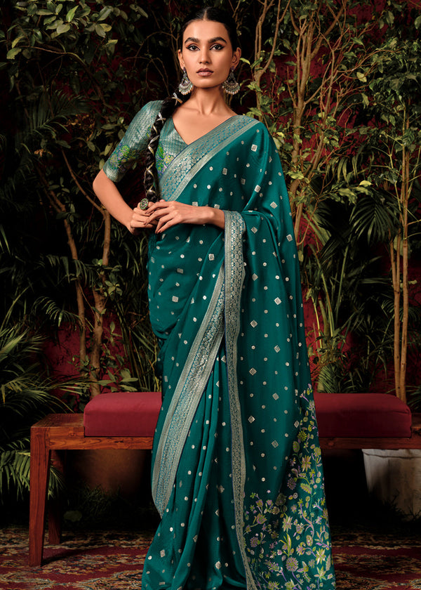 Antique Green Woven Banarasi Silk Saree With Brocade Blouse