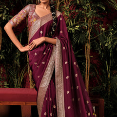 Wine Maroon Woven Banarasi Silk Saree With Brocade Blouse