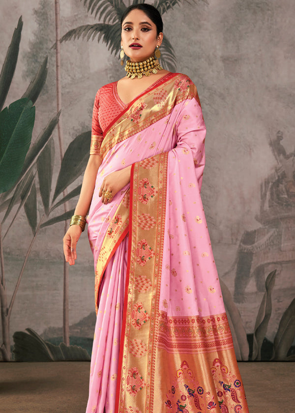 Baby Pink Woven Paithani Silk Saree