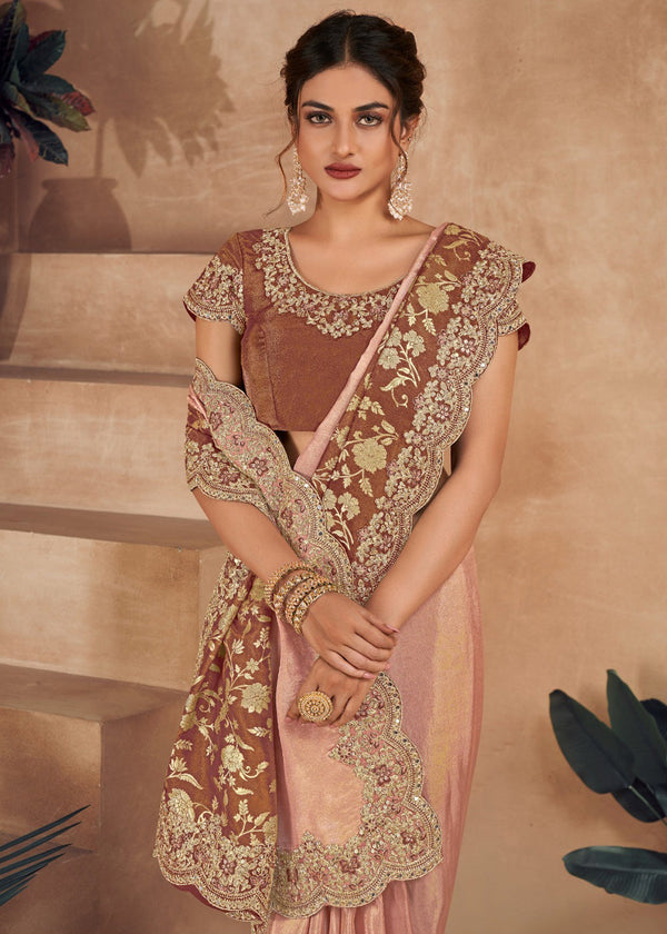 Coffee Brown Heavy Embroidered Designer Silk Saree