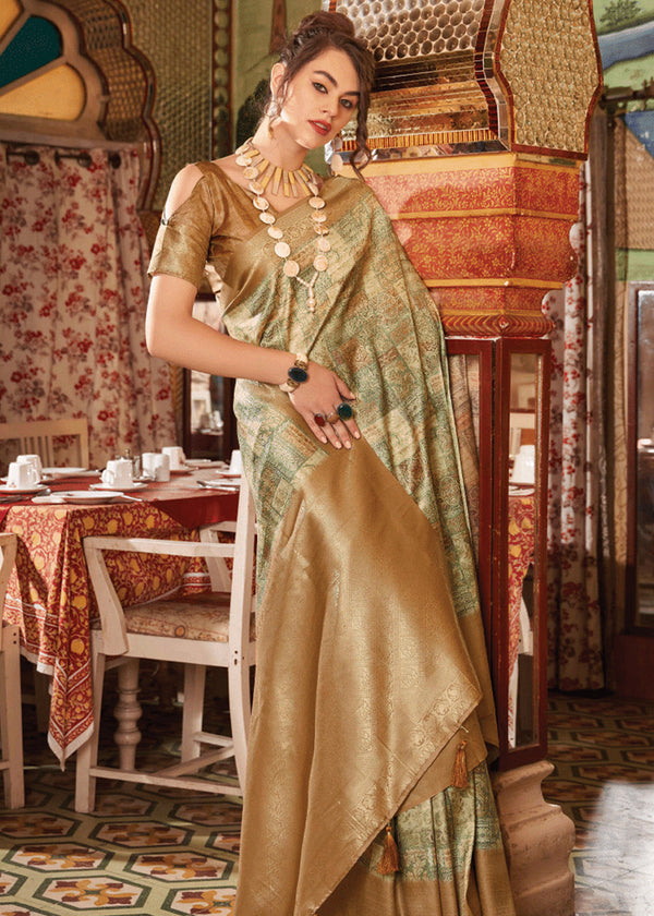 Wood Brown Banarasi Silk Saree With Digital Print