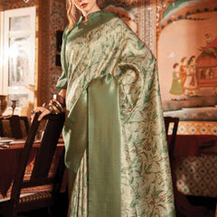 Olive Green Banarasi Silk Saree With Digital Print