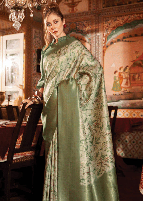 Olive Green Banarasi Silk Saree With Digital Print