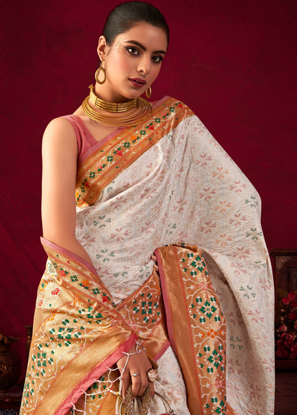 Antique White Woven Paithani Silk Saree